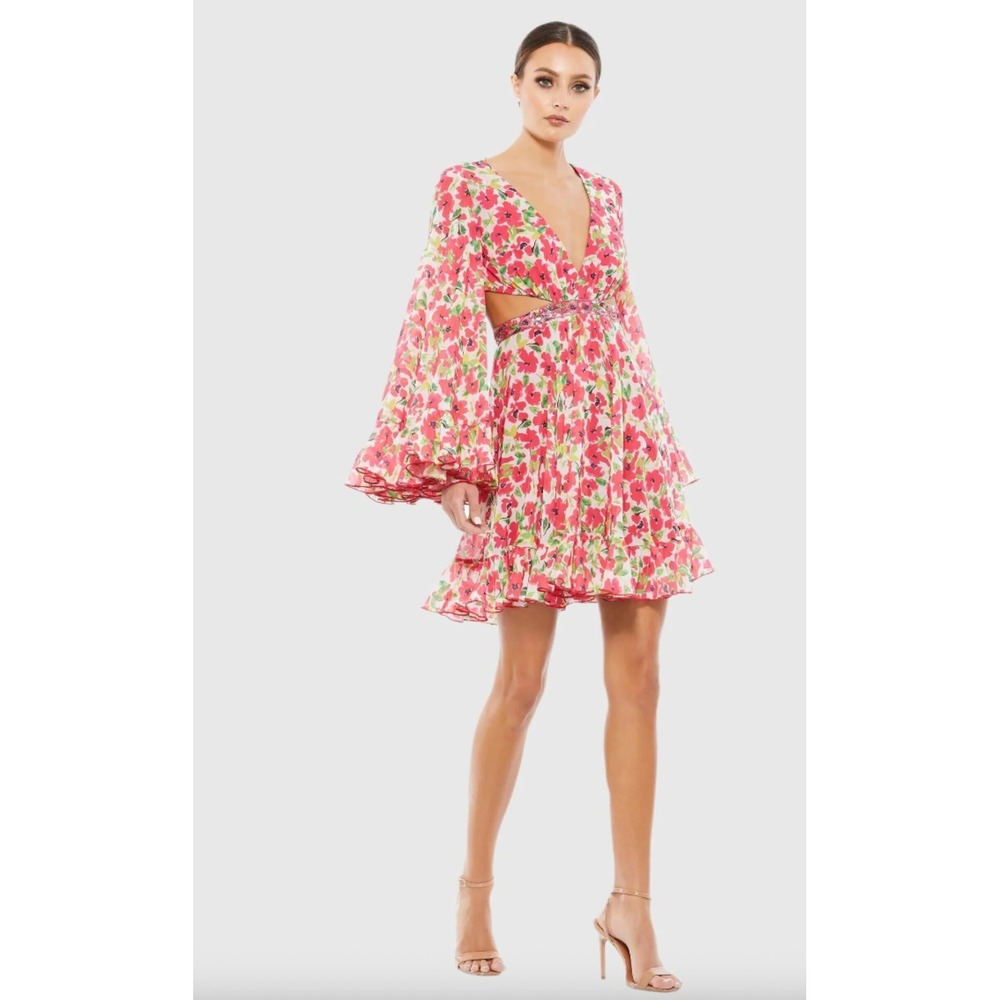 NWT $498 Mac‎ Duggal 9158 Plunging V-Neck Cutout Floral Dress Size 0 Pink Multi